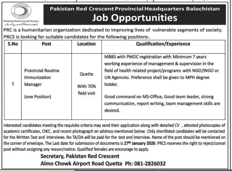 Jobs Pakistan Red Crescent Society Balochsitan Jobs 2020 — original advertisement