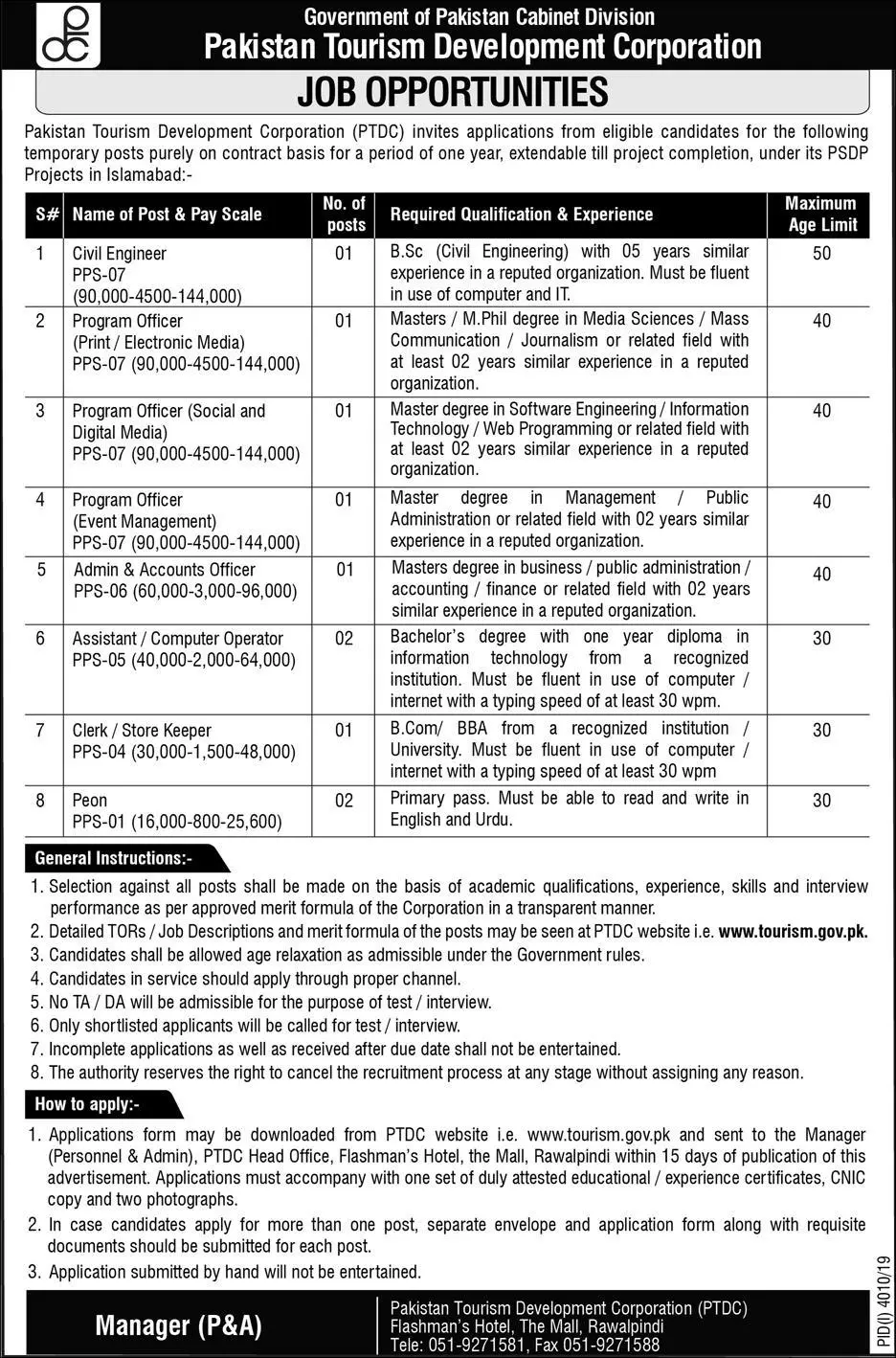 Jobs Pakistan Tourism Development Corporation Jobs 2020 — original advertisement