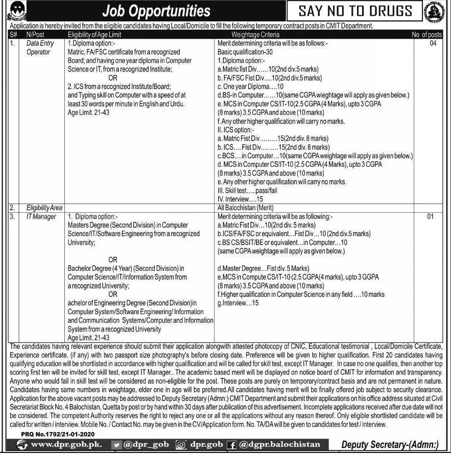 Jobs Chief Minister Secretariat Quetta Balochsitan – Chief Minister Balochsitan Projects and Units Jobs 2020 — original advertisement
