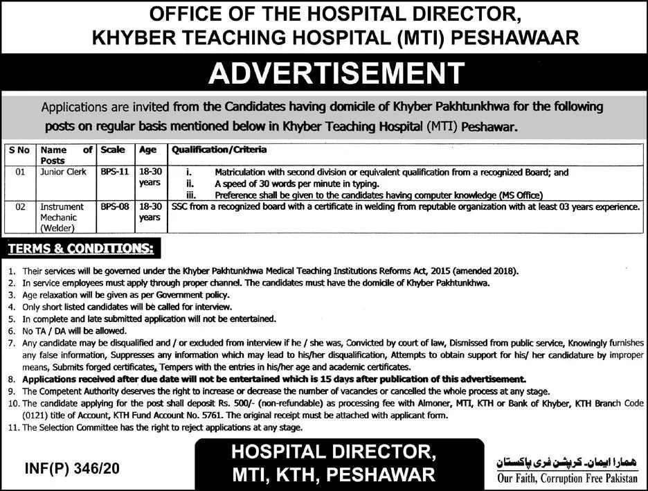 Medical Teaching Institute MTI Khyber Teaching Hospital Jobs – Medical Teaching Institute MTI Khyber Teaching Hospital Peshawar Kpk Jobs 2020 — original advertisement