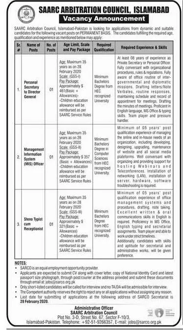 Job SAARC Arbitration Council Islamabad Jobs 2020 — original advertisement