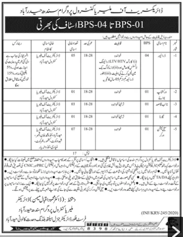 Jobs Maleria Control Program Sindh – Health Department Sindh Jobs 2020 — original advertisement