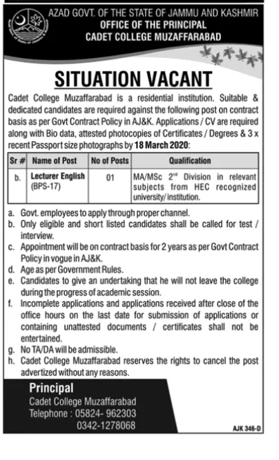 Jobs Cadet College Muzaffarabad Ajk – Govt of Azad Kashmir Jobs 2020 — original advertisement