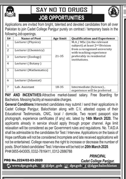 Jobs Cadet College Panjgur Balochistan Jobs 2020 — original advertisement