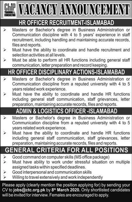 Jobs Chip Training Consultant Islamabad – Chip Training Consulting Pvt Ltd Jobs 2020 — original advertisement