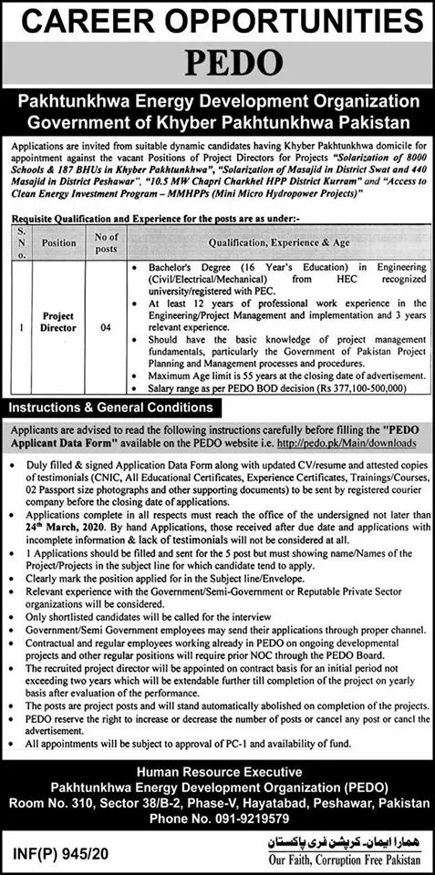 Jobs Khyber Pakhtunkhwa Energy Development Organization PEDO Jobs 2020 — original advertisement