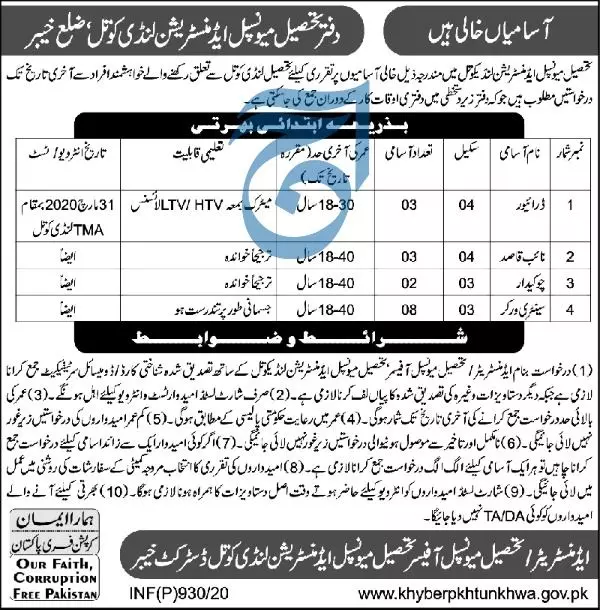 Jobs in Local Govt Landi Kotal Kpk – Local Govt Department KPK Jobs 2020 — original advertisement