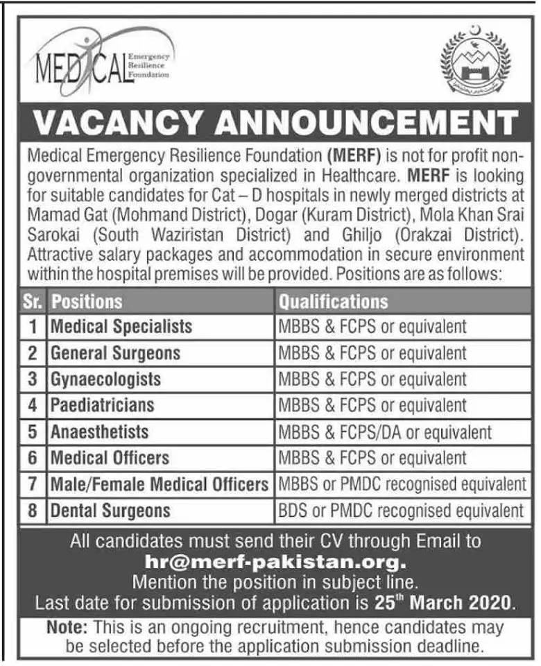 Jobs Medical Emergency Resilience Foundation (MERF) Kpk – Medical Emergency Resilience Foundation (MERF) Pakistan Jobs 2020 — original advertisement