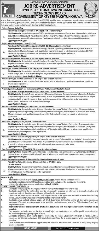 Jobs In  Khyber Pakhtunkhwa Information Technology Board – Khyber Pakhtunkhwa Information Technology Board (KPITB) Peshawar Jobs 2020 — original advertisement