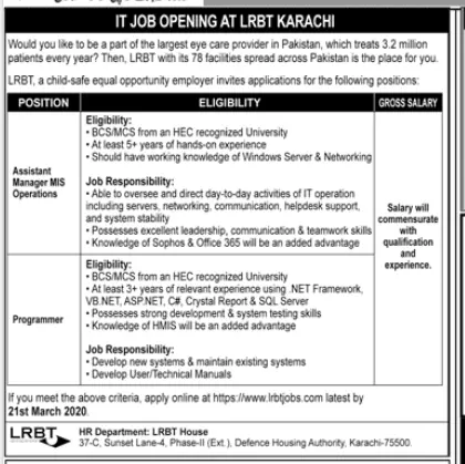 Jobs LRBT Layton Rahmatullah Benevolent Trust	Karachi Jobs 2020 — original advertisement