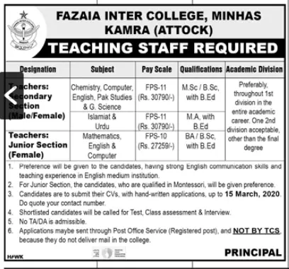 Jobs Fazia Inter College Kammra Attock – Pakistan Air Force Jobs 2020 — original advertisement