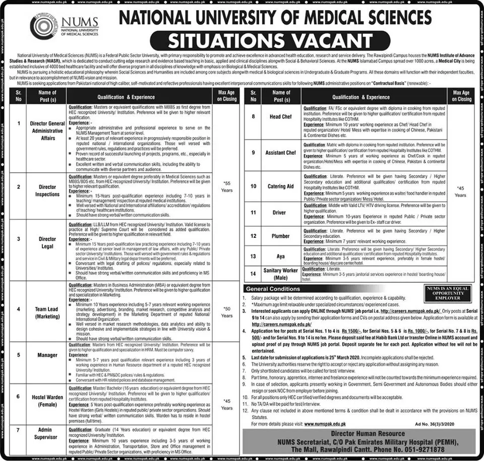 Jobs National University of Medical Science NUMS Jobs 2020 — original advertisement