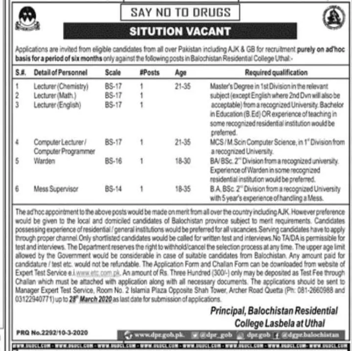 Balochistan Residential College Uthal Lasbela Jobs 2020 — original advertisement