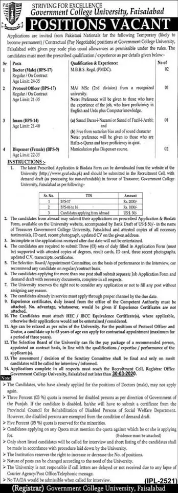 Jobs Govt College university Faisalabad Jobs 2020 — original advertisement
