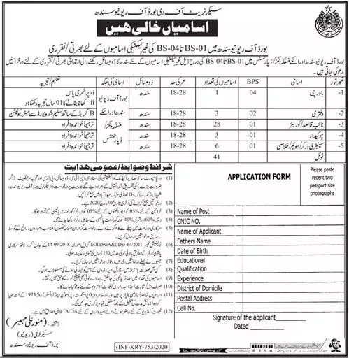 Jobs Revenue Department Sindh – Board of Revenue Sindh Jobs 2020 — original advertisement