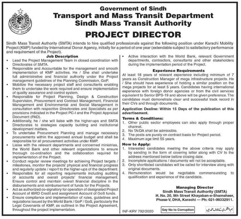 Project Director Required Sindh Mass Transit Authority	Sindh Jobs 2020 — original advertisement