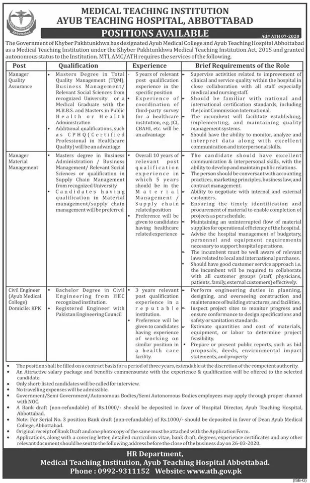 Jobs Ayub Teaching Hospital Abbottabad – Ayub Medical and Teaching Institution Abbottabad Jobs 2020 — original advertisement