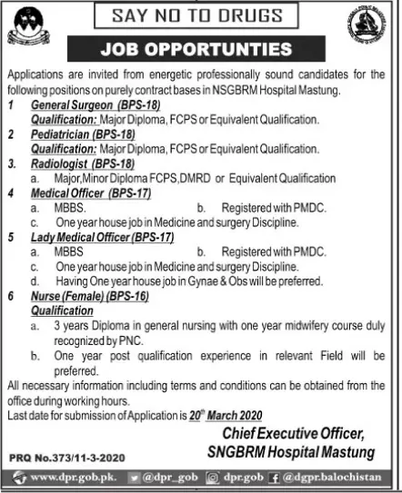 Jobs In Nawab Shaheed Ghous Bakhsh Raisani Memorial Hospital – Nawab Shaheed Ghous Bakhsh Raisani Memorial Hospital Mastung Jobs 2020 — original advertisement