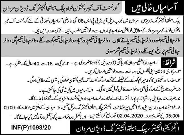 Jobs Public Health Department Mardan Kpk – Public Health Engineering Department KPK Jobs 2020 — original advertisement