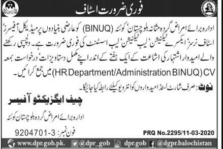 Jobs Institute of Nephrology Urology (BINUQ) Quetta – Balochistan Institute of Nephrology Urology (BINUQ) Quetta Jobs 2020 — original advertisement