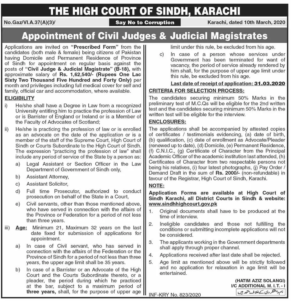 Jobs Civil Judges & Judicial Magistrates High Court of Sindh – Sindh High Court Jobs 2020 — original advertisement