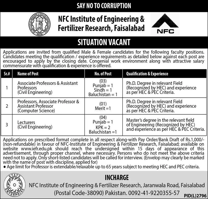 NFC Institute of Engineering and Fertilizer Research Jobs – NFC Institute of Engineering and Fertilizer Research Faisalabad Jobs 2020 — original advertisement