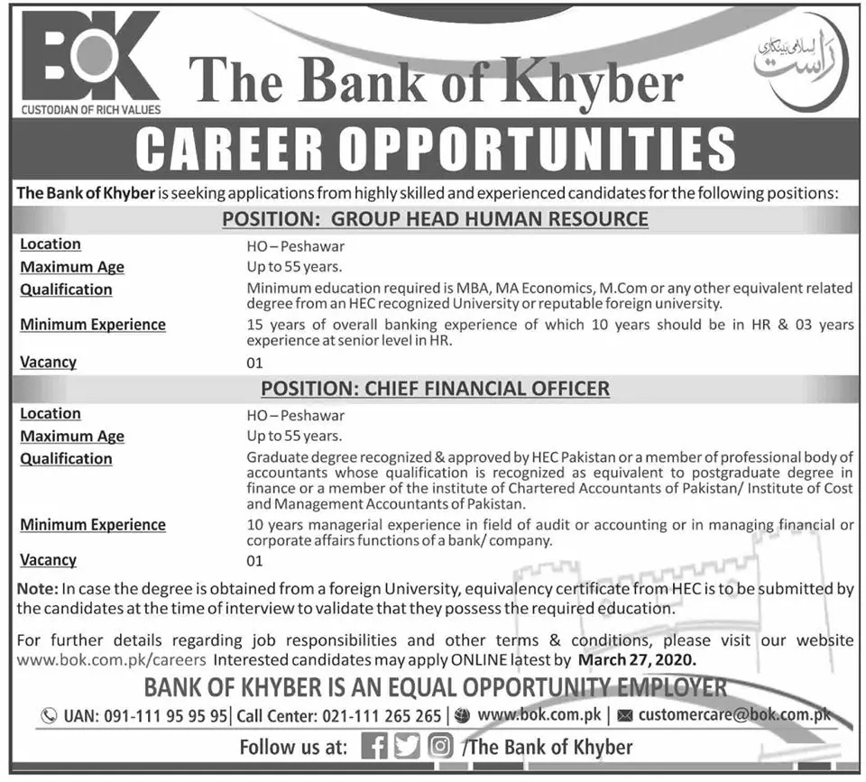 Jobs Bank of Khyber Jobs 2020 — original advertisement