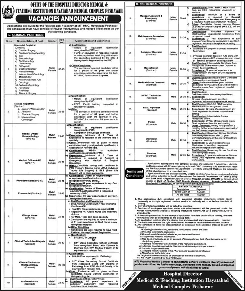 Jobs Medical Teaching Institute Hayat Abad Medical Complex – Medical Teaching Institute MTI Khyber Teaching Hospital Peshawar Kpk Jobs 2020 — original advertisement
