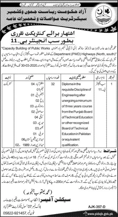 Jobs Communication Works Department Muzaffarabad AJ&K Jobs 2020 — original advertisement