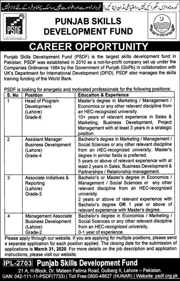 Jobs Punjab Skill Development Fund – Punjab Skills Development Fund Jobs 2020 — original advertisement