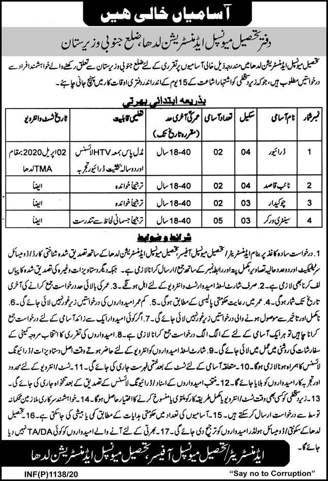 Jobs Tehsil Municipal Administration TMA Ladha – Local Govt Department KPK Jobs 2020 — original advertisement