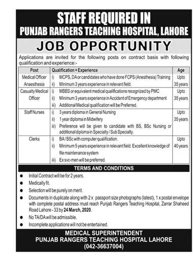 Jobs Punjab Rangers Teaching Hospital Lahore Jobs 2020 — original advertisement