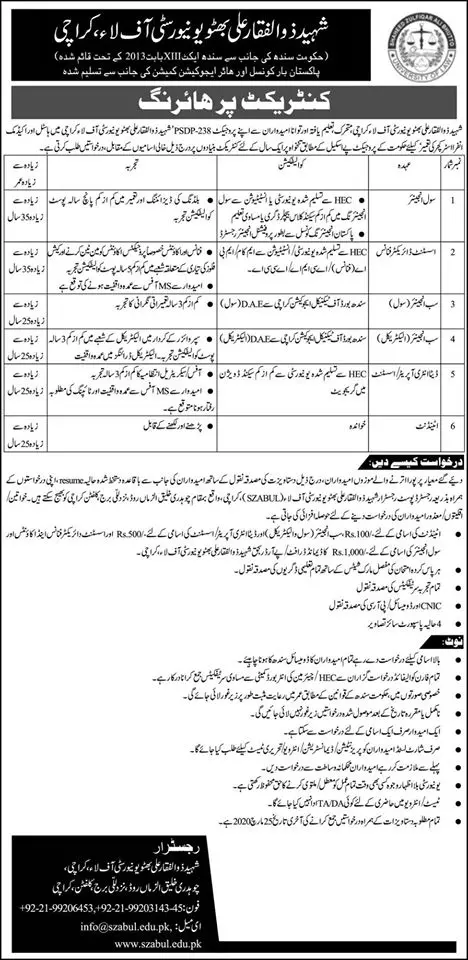 Jobs Shaheed Zulfiqar Ali Bhutto University of Law Karachi Jobs 2020 — original advertisement