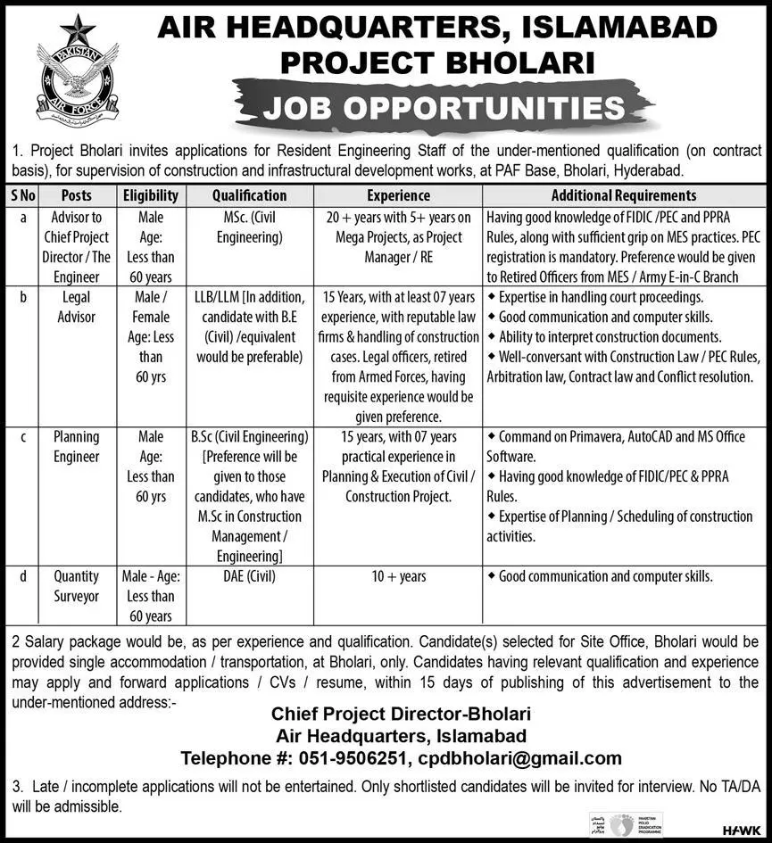 Jobs Air Head Quarter Project Bholari – Pakistan Air Force Jobs 2020 — original advertisement