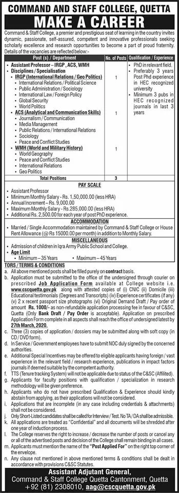 Jobs Command and Staff College, Quetta Jobs 2020 — original advertisement