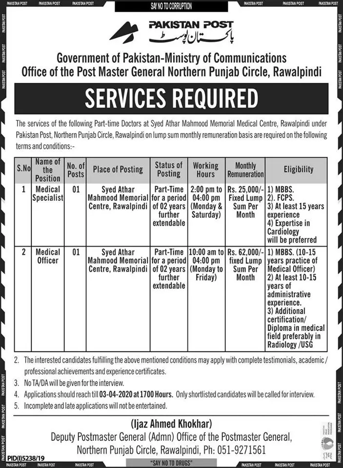 Jobs Pakistan Post ,Post Master General Northern Punjab Jobs 2020 — original advertisement