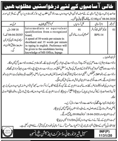 Jobs District & Session Judge Mansehra Kpk – Judiciary of Kpk Jobs 2020 — original advertisement
