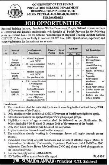 Jobs Population Welfare Department Punjab Jobs 2020 — original advertisement