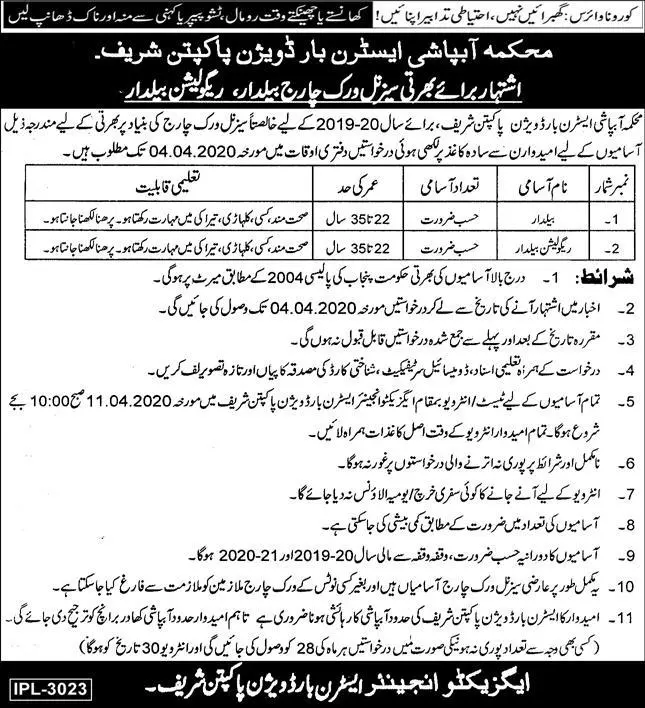 Jobs Irrigation Department Pakpatan Punjab – Irrigation Department Punjab Jobs 2020 — original advertisement