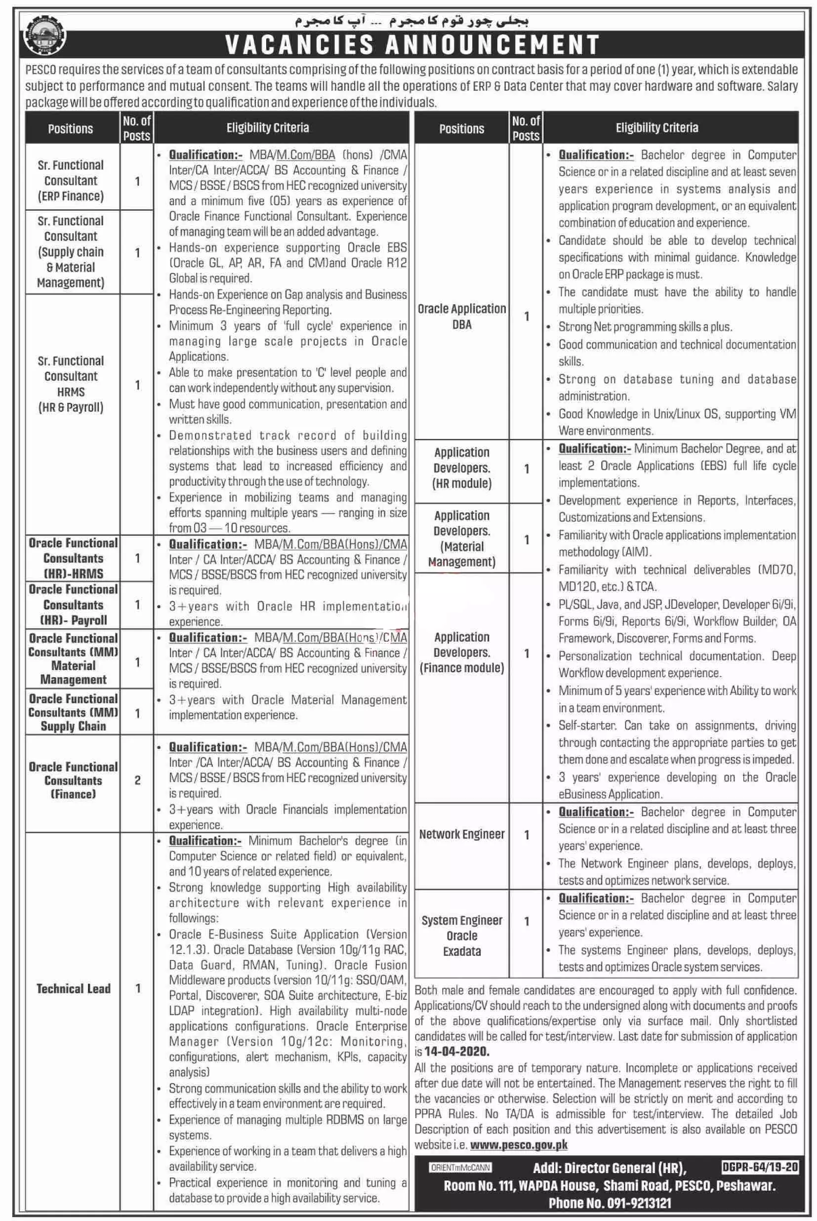 Peshawar Electric Supply Company - PESCO Jobs 2020 — original advertisement
