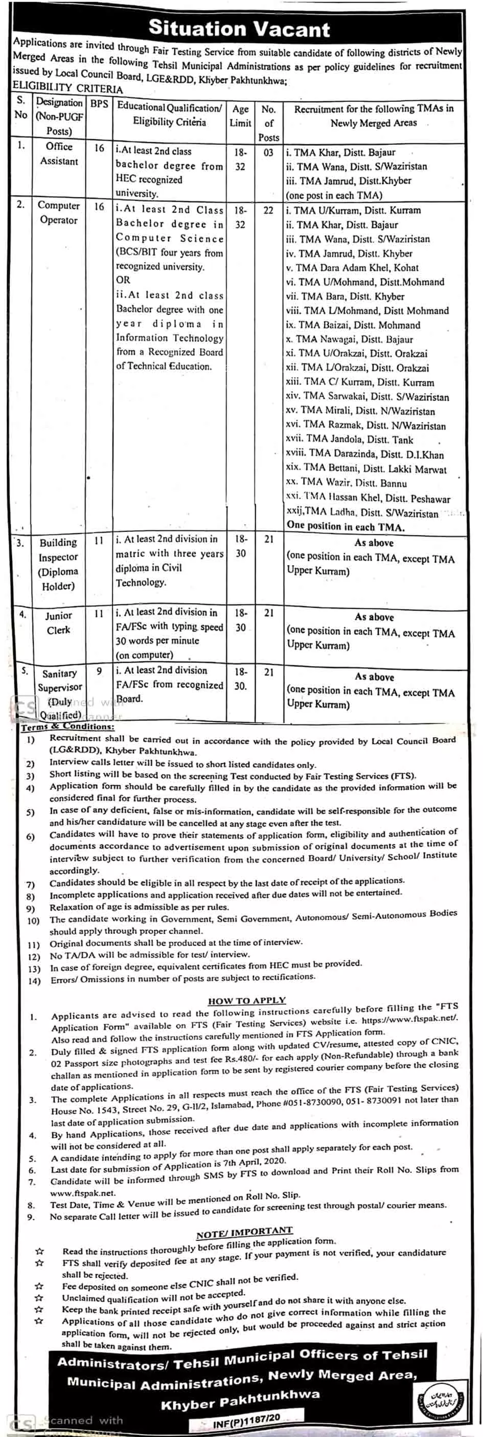 Jobs in Administrations TMA Newly Merged Areas KPK – Govt of Kpk Jobs 2020 — original advertisement