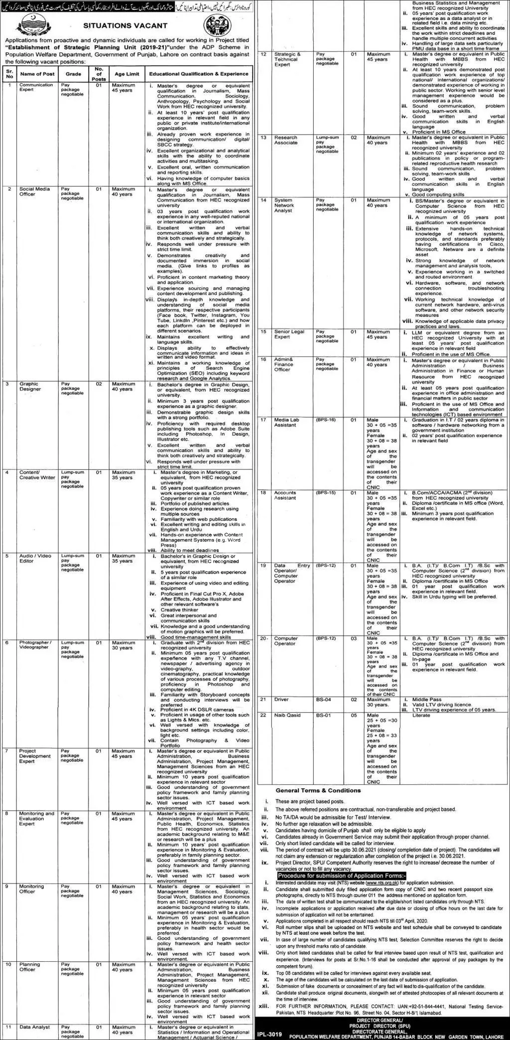 Jobs in Population Welfare Department Lahore – Population Welfare Department Punjab Jobs 2020 — original advertisement