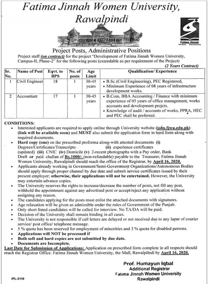 Jobs Fatima Jinnah Women University Rawalpindi Jobs 2020 — original advertisement