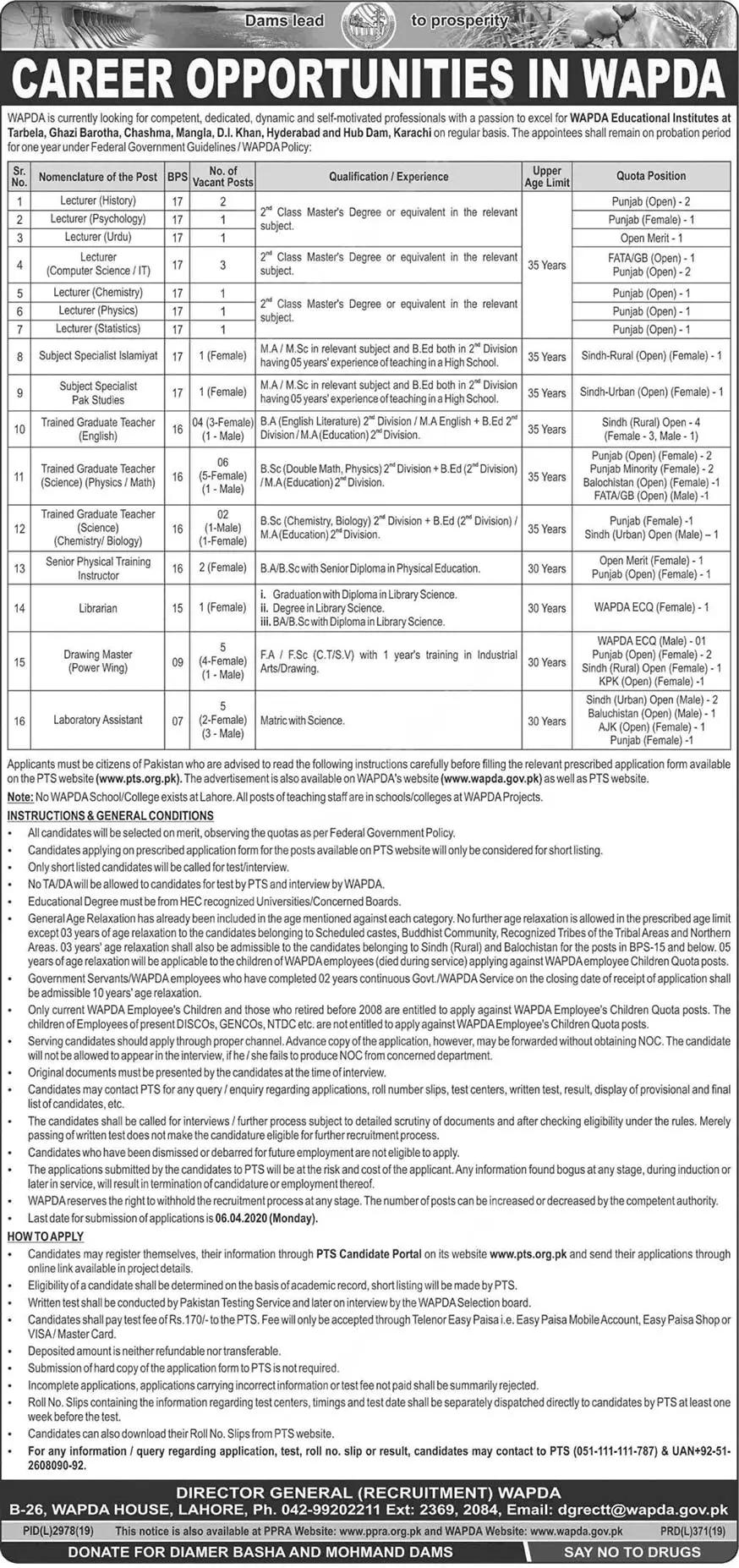Jobs in Water & Development Authority (WAPDA) – Water and Power Development Authority Jobs 2020 — original advertisement