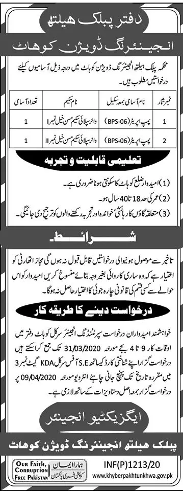Jobs Public Health Engineering Department Kohat Kpk – Public Health Engineering Department KPK Jobs 2020 — original advertisement