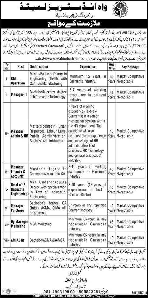 Jobs in Wah Industries Limited Jobs 2020 — original advertisement