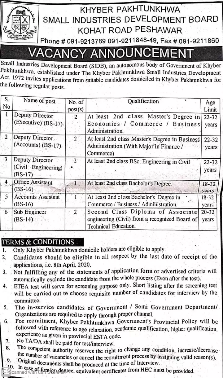 JObs Small Industries Development Board (SIDB)Peshawar – Small Industries Development Board (SIDB) Peshawar Jobs 2020 — original advertisement