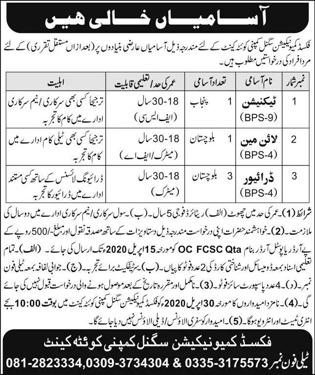 Jobs Fixed Communication Signal Company Quetta Cant – Pak Army Fixed Communication Signal Company Jobs 2020 — original advertisement