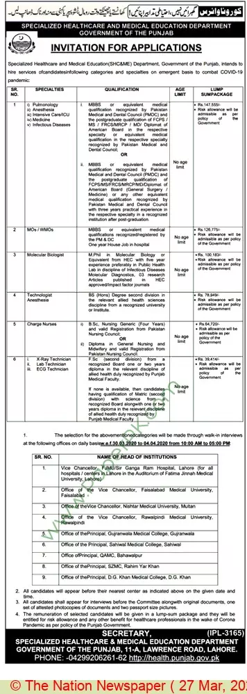 Jobs Specialize Healthcare And Medical Education Department – Specialized Healthcare And Medical Education Department Lahore Jobs 2020 — original advertisement