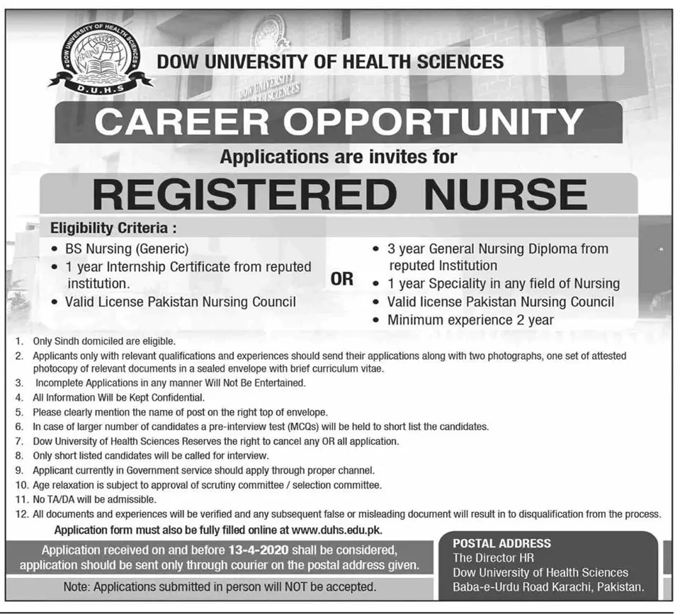 jobs in Dow University of Health Sciences – Dow University of Health Sciences Karachi Jobs 2020 — original advertisement